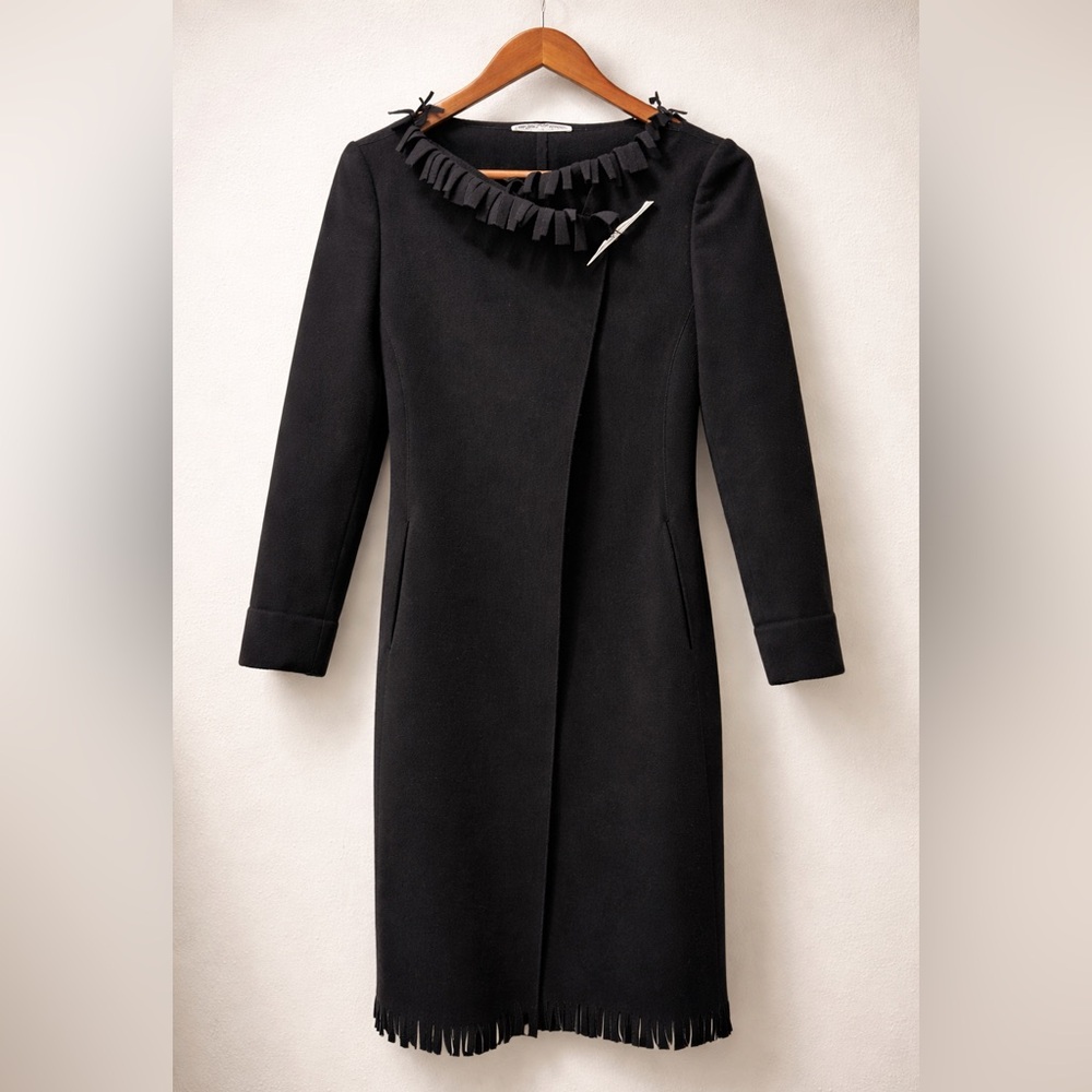 Vintage Emporio Armani Black 90% Wool 10% Cashmere Fringe Coat Italy S